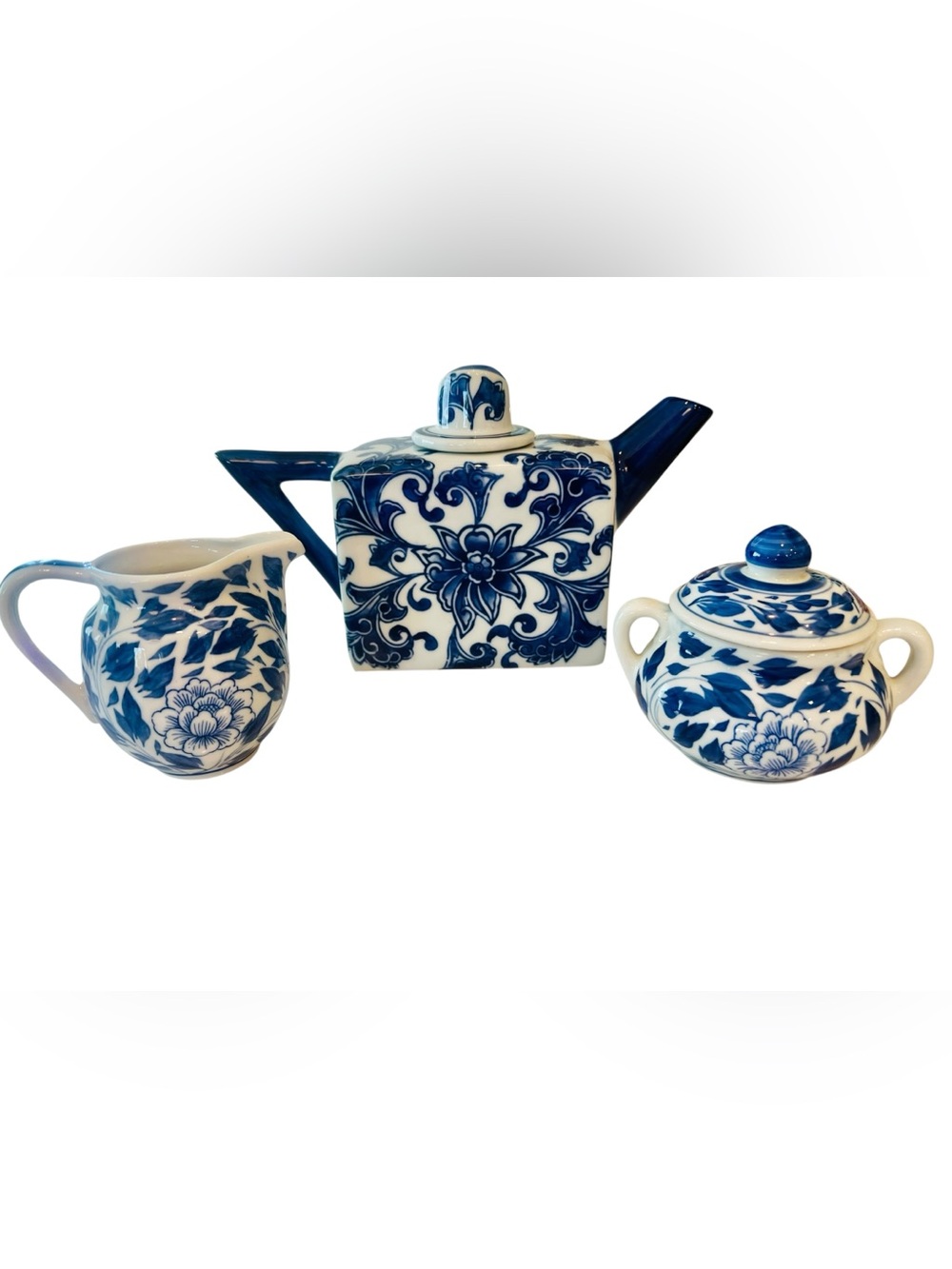 Blue White Chinoiserie Ceramic Teapot Creamer Sugar Bowl Tea Set